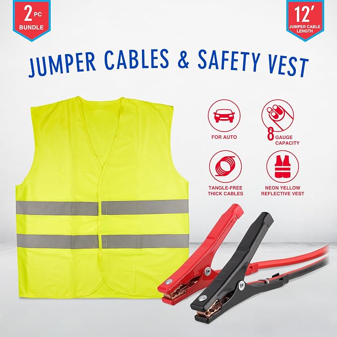 STP Emergency LED Road Flares with Jumper Cables for Car & Reflective Vest Kit Roadside Safety Kit, 3 Lighting Modes, Visible a Mile Away, 12-Foot 8-Guage Heavy Duty Jumper Cables, Vehicle Safety Kit
