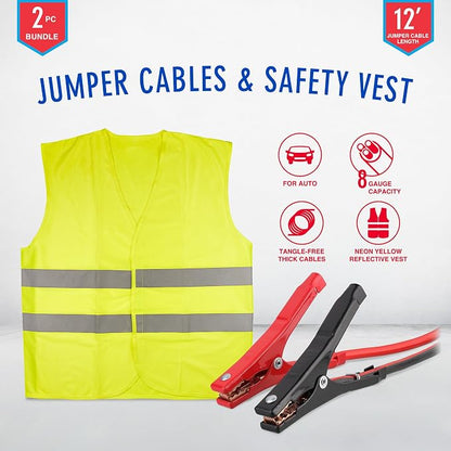 STP Emergency LED Road Flares with Jumper Cables for Car & Reflective Vest Kit Roadside Safety Kit, 3 Lighting Modes, Visible a Mile Away, 12-Foot 8-Guage Heavy Duty Jumper Cables, Vehicle Safety Kit
