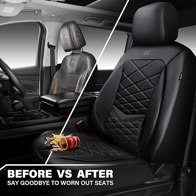 CAR PASS Luxury Nappa Leather Front Seat Covers, Waterproof 3D Foam Seat Covers with Lumbar Support, Breathable Auto Seat Cover Airbag Compatible Universal Fit for Sedan SUV Van Truck, All Black