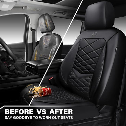 CAR PASS Luxury Nappa Leather Front Seat Covers, Waterproof 3D Foam Seat Covers with Lumbar Support, Breathable Auto Seat Cover Airbag Compatible Universal Fit for Sedan SUV Van Truck, All Black