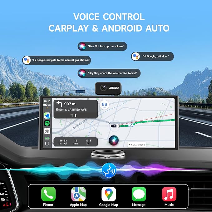 CarPlay Screen for Car Tablet Android Auto Smart Screen for Car, 4K Dash Cam Portable Car Play with 3 Channel Camera,10.26” Wireless Display with FM Radio Stereo Bluetooth 5.2, 128GB TF Card Black