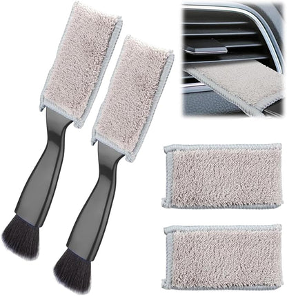 Double Head Brush for Car Clean, Car Brushes for Detailing Interior, Double Ended Portable Dust Brush, Suitable for Vents, Dashboards, Buttons, Console Gaps, Nylon Bristles and Coral Velvet, Black
