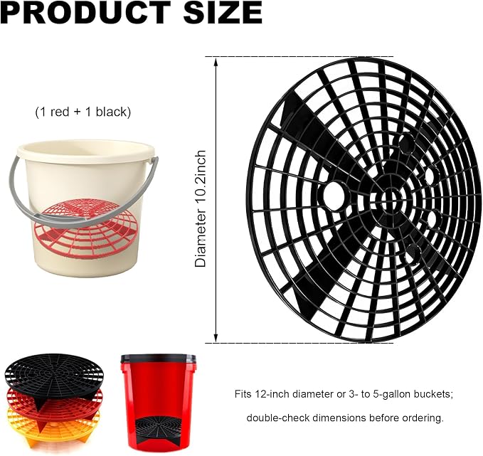 2PCS Car Wash Bucket Insert, Auto Washing Grit Trap Bucket Filter Removes Dirt & Debris, Car Dirt Guard Detailing & Cleaning Tool Fits 12 Inch Diameter or 3-5 Gallon Buckets (Black+Red)