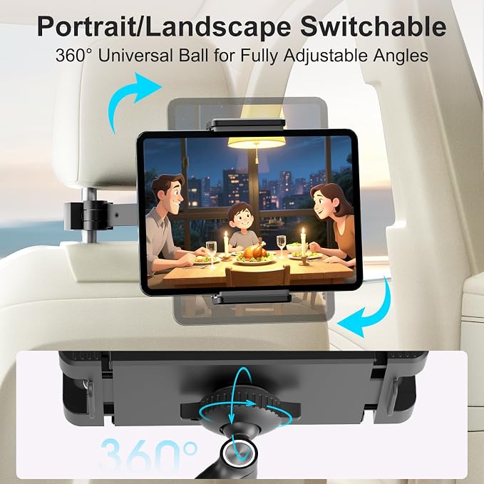 UPERGO Headrest Car Tablet Holder - [Long Aluminum Extension Arm] [Ultra-Compact] Foldable iPad Holder for Car Backseat, Road Trip Essentials iPad Back Seat Mount, Tablet Headrest Mount