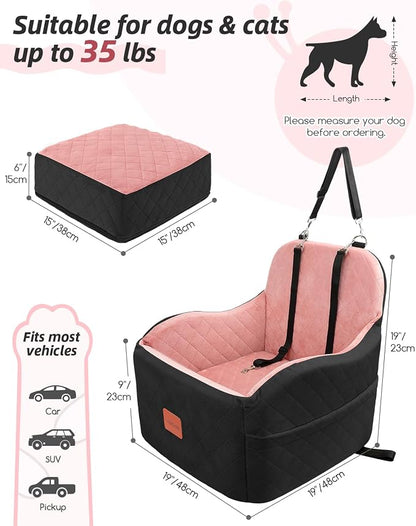 Lealchum Dog Booster Car Seat for Small/Medium Dogs,Puppy Portable Car Bed with Elevated Cushion,Fully Detachable and Washable,2 Storage Pockets,Easy to Install (Black/Pink, Medium)