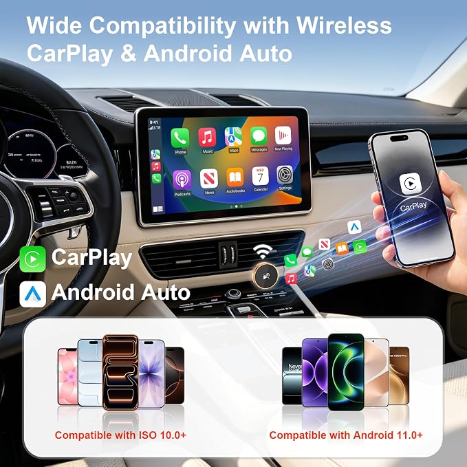2-in-1 Wireless CarPlay & Android Auto Adapter, CarPlay Dongle Convert Wired to Wireless, Bluetooth & Wi-Fi, Plug & Play, Zero Latency, Compatible with USB/USB-C(Orange)