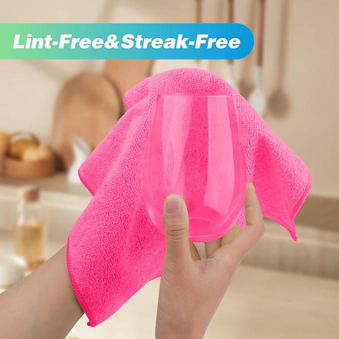 HOMEXCEL Pink Microfiber Cleaning Cloth, 24 Pack Absorbent Cleaning Rags, Lint-Free, Streak-Free Cleaning Towels for Car Kitchen House, 12"X11"