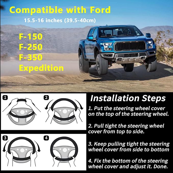 Yangday Leather Steering Wheel Cover for Ford F150 F250 F350, 15.5-16 inches Car Steering Wheel Cover with Non-Slip Breathable (Blue)