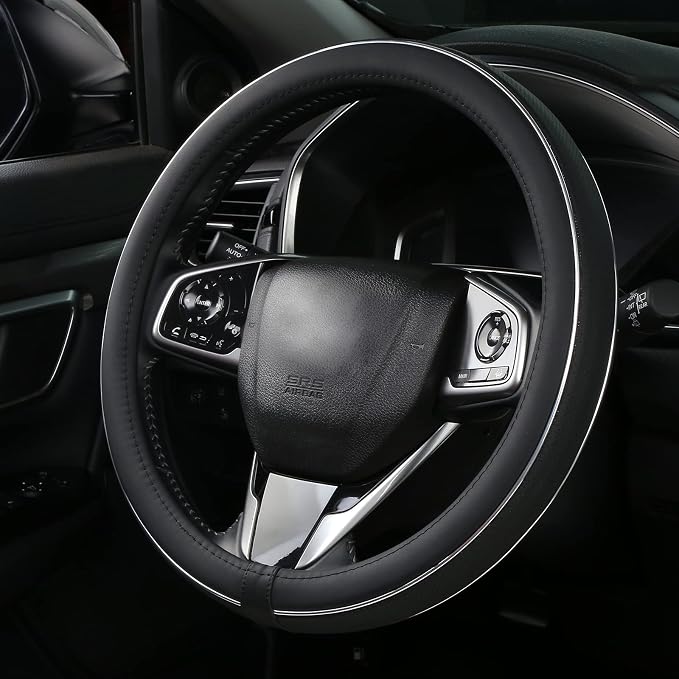ALEMODR Black Leather Steering Wheel Cover Fiber Strip Car Steering Wheel Cover Universal 15 inch for Men