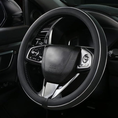 ALEMODR Black Leather Steering Wheel Cover Fiber Strip Car Steering Wheel Cover Universal 15 inch for Men