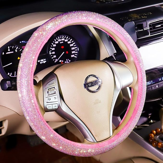 Carwales Car Steering Wheel Cover Pink for Women Girls Cute Bling Accessories 15 Inch Universal Colorful Crystal Rhinestone Diamond Rainbow Anti-Slip Wheel Protector