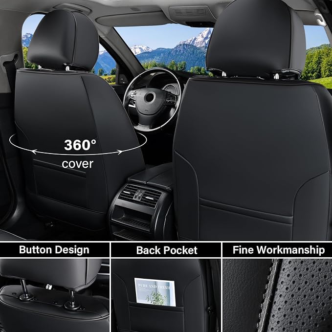 Coverado Car Seat Covers Full Set, Luxury Nappa Leather Seat Cover, Universal Seat Covers for Cars, Front and Back Waterproof Seat Cover Car Seat Protector Fit for Most Cars(Black)