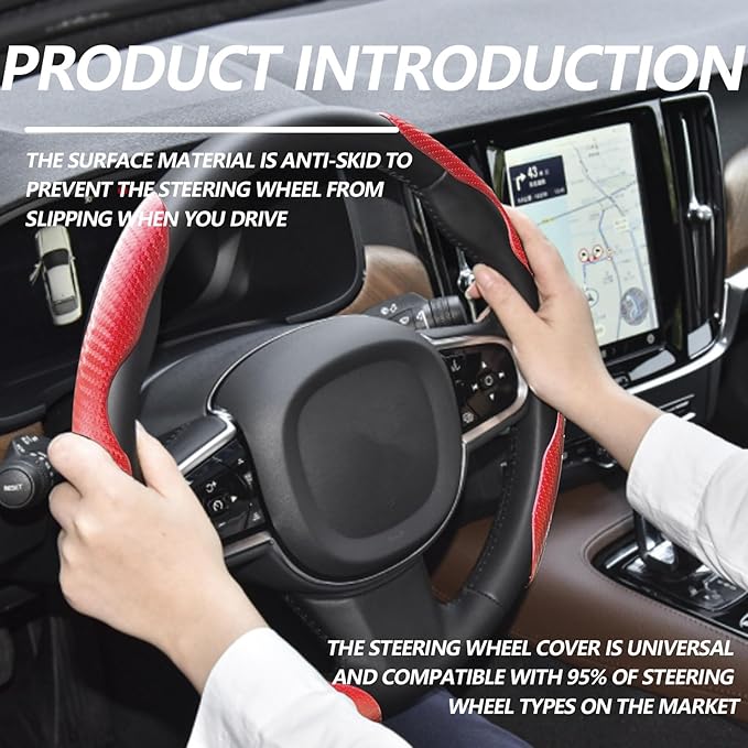 2pcs Universal Fit Carbon Fiber Steering Wheel Cover, Anti-Skid Steering Wheel Cover/Segmented Steering Wheel Protector/Car Interior Accessories (red)