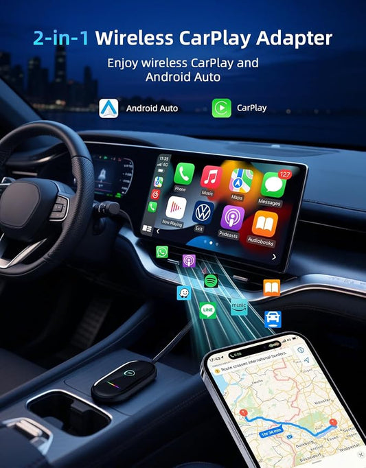 Wireless CarPlay & Android Auto Adapter – Fast & Stable Wireless Upgrade, Converts Wired CarPlay to Wireless, Plug & Play, No Delay, Compatible with iPhone 6+ & 800+ Cars (2016 & Newer)