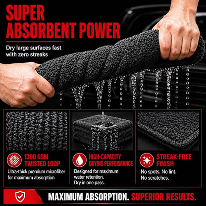 Microfiber Car Drying Towel & Interior Cleaning Cloth Set (2-Piece), 1300 GSM 24” x 36” Twisted Loop + 550 GSM 16” x 16” Coral Fleece, Streak-Free, Scratch-Free, Auto Detailing for Cars, Trucks & SUV