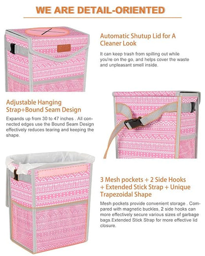 Pritent Car Trash Can with Lid, Cute Leakproof Car Trash Garbage Bag Hanging Vehicle Trash Bin Small Portable Automotive Garbage Cans Organizer for Back/Front Seat/Console(Trapezoid,Pink Print)