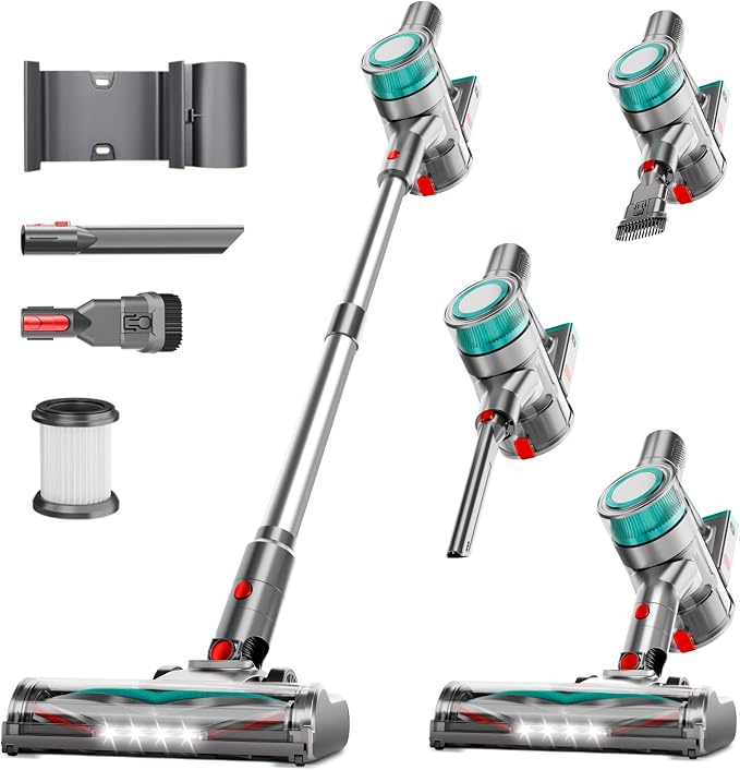 Cordless Vacuum Cleaner, Powerful Stick Vacuum Cleaner for Home with Rechargeable Battery, 6-in-1 Lightweight Handheld Vacuum, 45 Mins Runtime for Hardfloor & Carpets Pet Hair (Green)