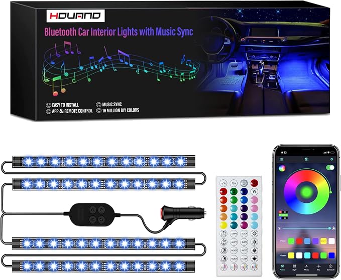 Hovano Car Interior LED Lights, APP Control with Car Charger, RGB Color Change with Music Sync & DIY Mode, 12V 2 Lines Design for Under Dash Running Board Truck