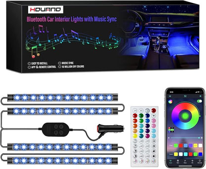 Hovano Car Interior LED Lights, APP Control with Car Charger, RGB Color Change with Music Sync & DIY Mode, 12V 2 Lines Design for Under Dash Running Board Truck