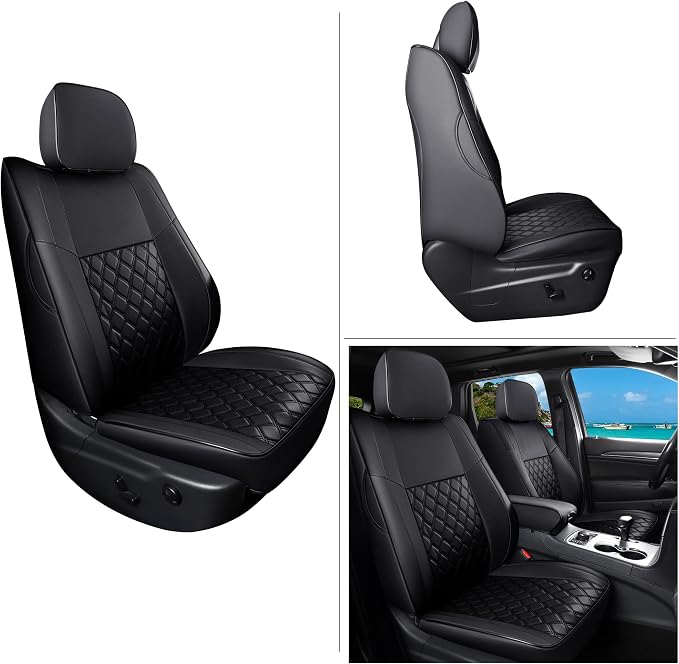 Huidasource Car Seat Covers for Grand Cherokee, 2pcs Full Coverage Leather Custom Automotive Interior Seat Cushion Cover Fit for Grand Cherokee 2011-2021 (Front Pair/Black)