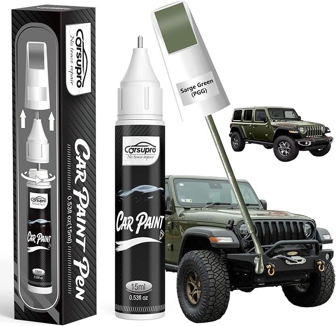 Sarge Green(PGG) for Jeep Touch Up Paint Pen, 2 in 1 Car Scratch Remover with Pen Tip and Brush, Precise Color Match for Car Paint Scratch Repair, Quickly and Easily Fix Chips and Nicks