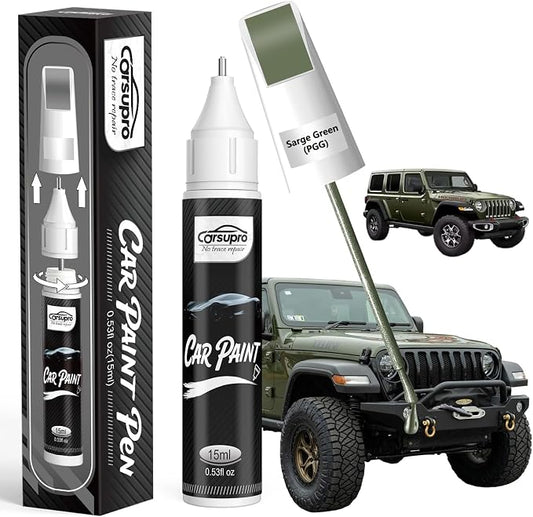 Sarge Green(PGG) for Jeep Touch Up Paint Pen, 2 in 1 Car Scratch Remover with Pen Tip and Brush, Precise Color Match for Car Paint Scratch Repair, Quickly and Easily Fix Chips and Nicks
