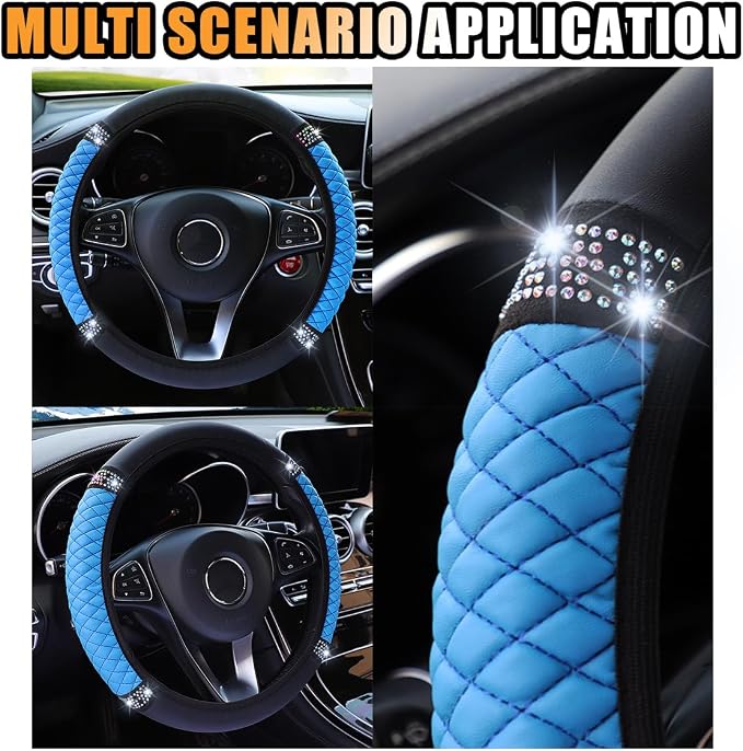 Bling Soft Leather Steering Wheel Cover, 15 Inch Colorful Rhinestones Auto Elastic Protector with Crystal Diamond for Women Girls, Car Accessories for Most Cars, SUVs (Blue)