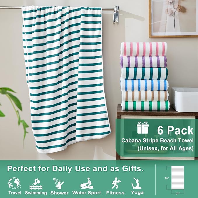 JML Microfiber Beach Towels, 6 Pack, 27" x 55", Large Bath Towel Set for Adult- Cabana Stripe - Absorbent, Quick Drying Lint-Free, No Fading for Summer Party, Pool, Sport, Yoga, Swimming, Dark Green