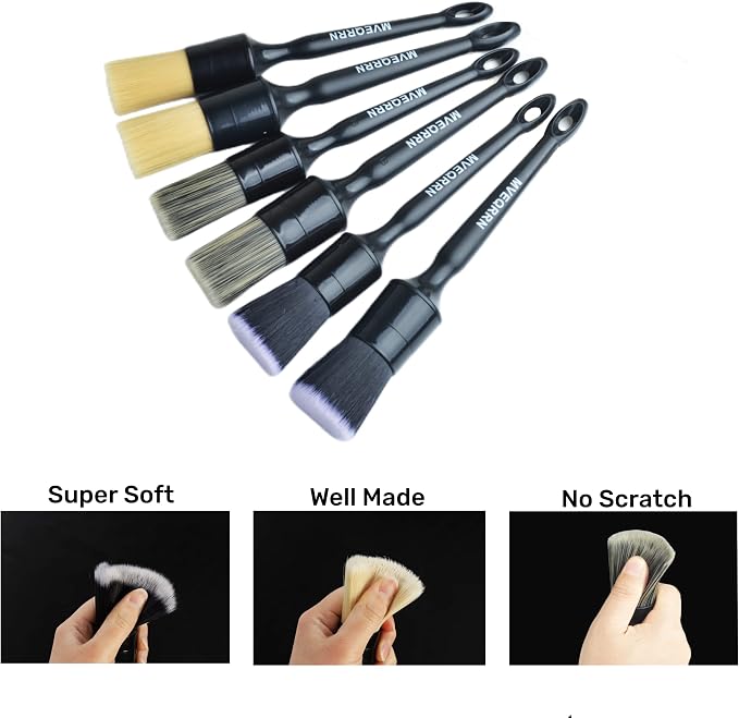 MVEQRRN 6pcs Car Detailing Brush Set-2pcs Boars Hair Car Detailing Brushes,2pcs Ultra Soft No Scratch Detailing Brush for Air Vent,Leather Seat 2pcs Detail Brushes car Detailing for Interior Exterior