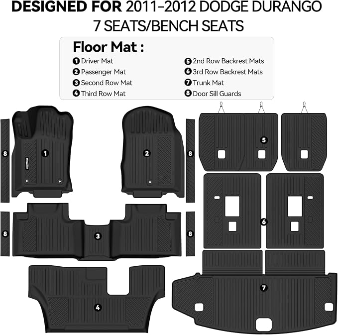 Floor Mats for 2011-2012 Dodge Durango 7 Seats/Bench Seats, Trunk Mat and 2nd/3rd Backrest Mat & Door Sill Guard All Weather TPE Protector for Dodge Durango Accessories