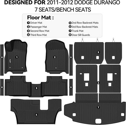 Floor Mats for 2011-2012 Dodge Durango 7 Seats/Bench Seats, Trunk Mat and 2nd/3rd Backrest Mat & Door Sill Guard All Weather TPE Protector for Dodge Durango Accessories
