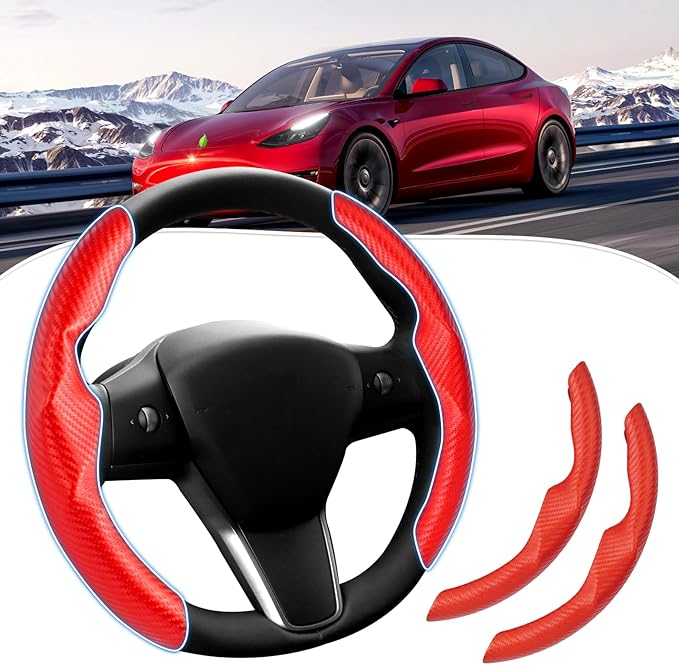 Canvcle Steering Wheel Cover for Tesla Model 3/Y 2016-2025 2026 Highland/Juniper Accessories Carbon Fiber Steering Wheel Cover Protector Non-Slip, Comfortable, Breathable, Model 3/Y Accessories, Red