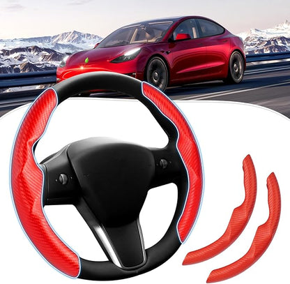 Canvcle Steering Wheel Cover for Tesla Model 3/Y 2016-2025 2026 Highland/Juniper Accessories Carbon Fiber Steering Wheel Cover Protector Non-Slip, Comfortable, Breathable, Model 3/Y Accessories, Red