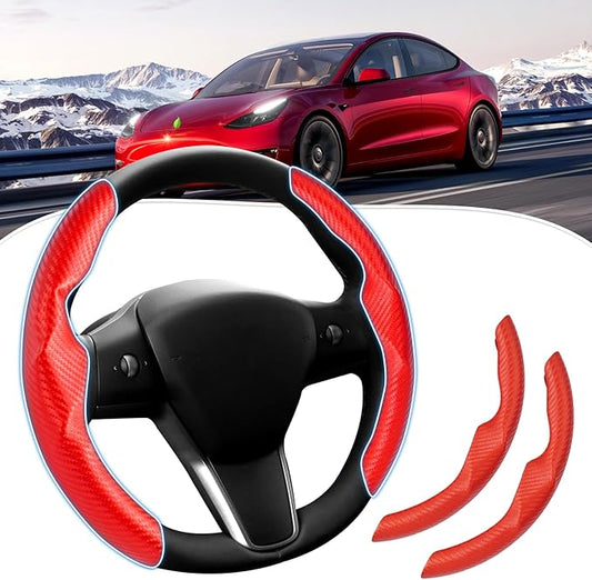 Canvcle Steering Wheel Cover for Tesla Model 3/Y 2016-2025 2026 Highland/Juniper Accessories Carbon Fiber Steering Wheel Cover Protector Non-Slip, Comfortable, Breathable, Model 3/Y Accessories, Red