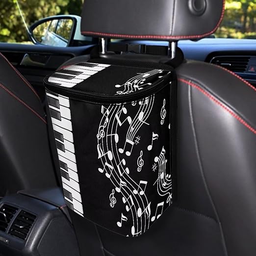 Talayituse Music Note Piano Key Print Car Trash Can with Lid, Leak Proof Auto Trash Bag Hanging Vehicle Garbage Can Multipurpose Storage Container for Back Seat Road Trip