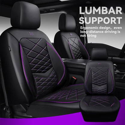 CAR PASS Luxury Nappa Leather Front Seat Covers, Water Resistant 3D Foam Seat Covers with Lumbar Support, Breathable Auto Seat Cover Airbag Compatible Universal Fit Sedan SUV Van Truck, Black Purple