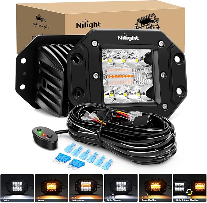Nilight 2PCS 42W Light Pods Flush Mount Spot Flood Amber White Strobe 6 Modes Memory Function for Fog&Snow Off-Road Truck Car ATV JEEP Cabin Boat with 16AWG Wiring Harness Kit-2 Leads