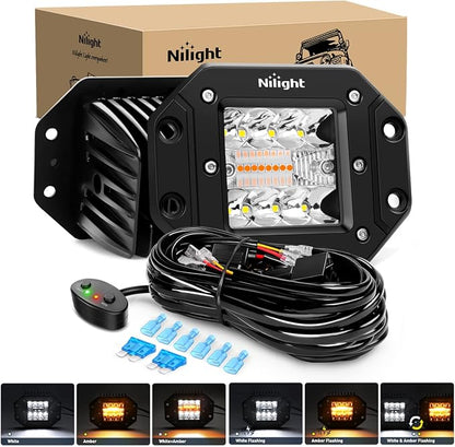 Nilight 2PCS 42W Light Pods Flush Mount Spot Flood Amber White Strobe 6 Modes Memory Function for Fog&Snow Off-Road Truck Car ATV JEEP Cabin Boat with 16AWG Wiring Harness Kit-2 Leads