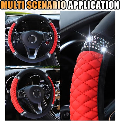 Bling Soft Leather Steering Wheel Cover, 15 Inch Colorful Rhinestones Auto Elastic Protector with Crystal Diamond for Women Girls, Car Accessories for Most Cars, SUVs (Red)
