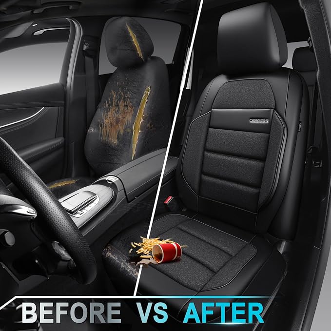 CAR PASS Memory Foam Seat Covers Front, Airy Cool Mesh Thick Car Seat Covers, Leather Car Seat Covers Front Seats Airbag Compatible, Universal Automotive Comfort for Cars, Trucks, SUV, Charcoal Gray