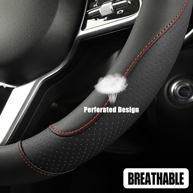 Microfiber Leather Steering Wheel Cover, Breathable, Anti Slip, 13.5 inch to 14 inch, Black