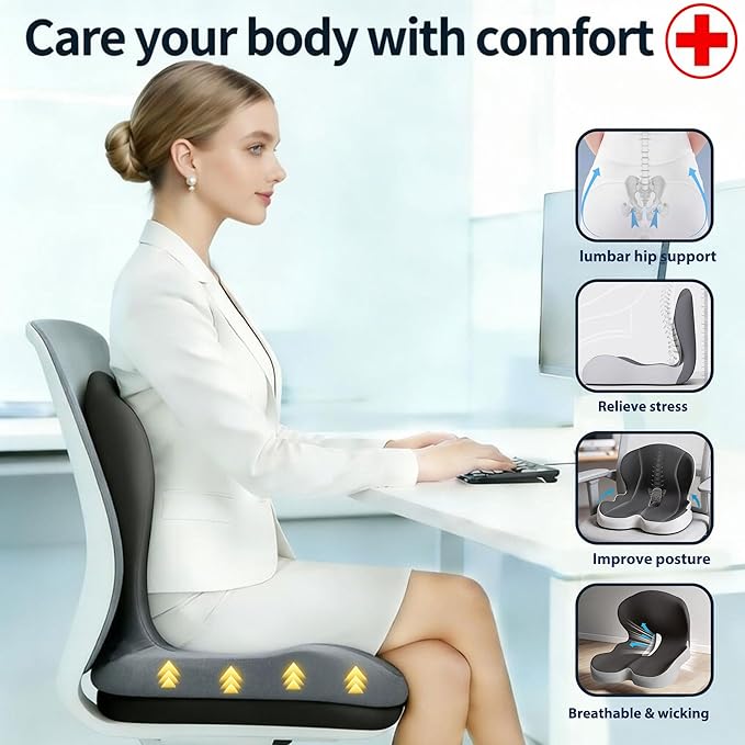 Ergonomic Memory Foam Seat Cushion, Lumbar Support Non Slip for Truck Driver Long Driving Office Chair Back Tailbone Pain Relief Dual Color Black&Grey