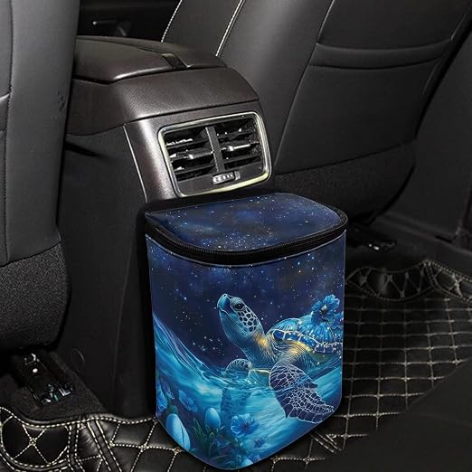 Talayituse Turtle Daisy Galaxy Print Car Trash Bin, Large Size Auto Trash Can Adjustable Portable Garbage Can with Lid, Vehicle Hanging Bag for Headrest Front Back Seat