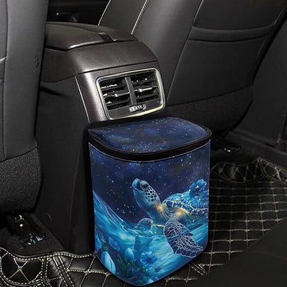 Talayituse Turtle Daisy Galaxy Print Car Trash Bin, Large Size Auto Trash Can Adjustable Portable Garbage Can with Lid, Vehicle Hanging Bag for Headrest Front Back Seat