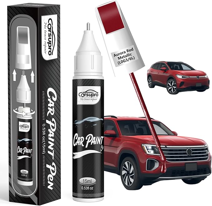 Aurora Red Metallic(L0G3/6L) for Volkswagen Touch Up Paint Pen, 2 in 1 Car Scratch Remover with Pen Tip and Brush, Precise Color Match for Car Paint Scratch Repair, Quickly and Easily Fix Chips and Nicks