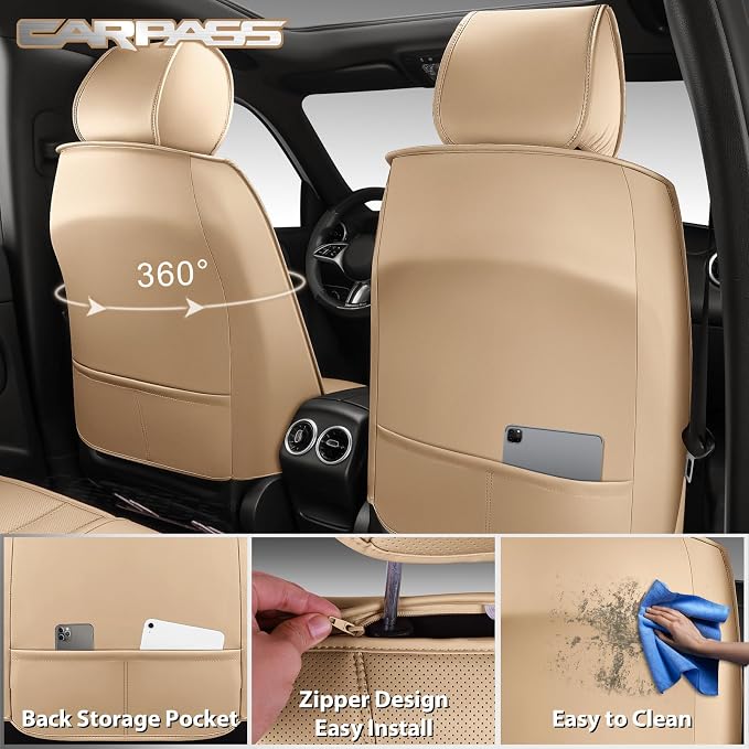 CAR PASS Nappa Leather Seat Covers, Universal FIT Piping Leather Car Seat Cover Full Set for Cars,SUV,Truck 3D Foam Waterproof Luxury Seat Covers 5 Seats, Comfort Durable Airbag Compatible Beige