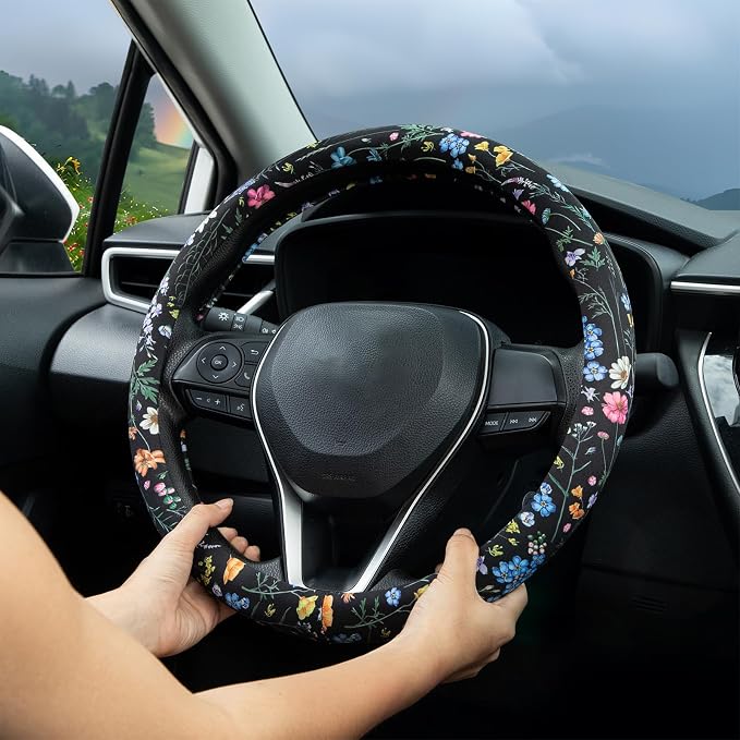 Multicolor Wildflower Steering Wheel Cover Auto Steering Wheel Protector, Anti-Slip, Breathable, Absorbing Sweat, Universal Floral Car Accessories 14.5–15 inch