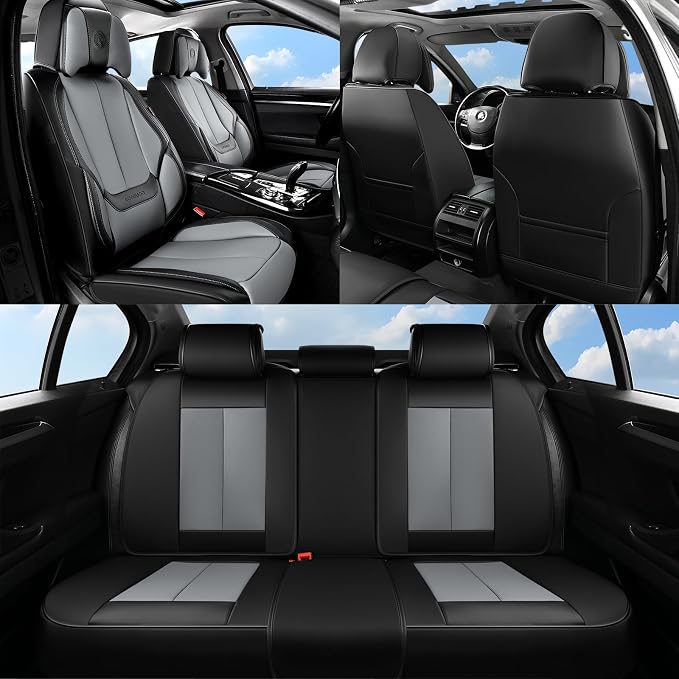 Coverado Seat Covers Full Set, 5 Seats Seat Covers for Cars, Waterproof Nappa Leather Car Seat Covers with Head Pillow, Seat Protectors Car Seat Cushion Universal Fit for Most Cars (Black&Gray)
