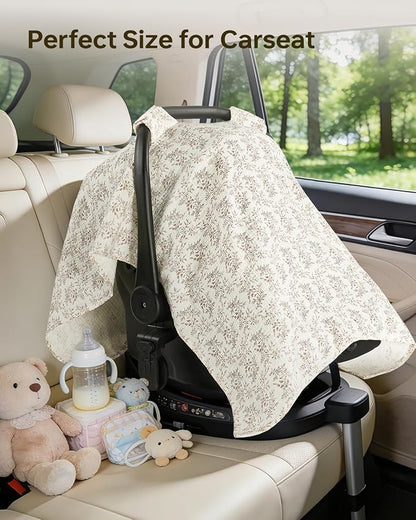 100% Muslin Cotton Car Seat Cover, Soft Breathable Car Seat Canopy for Baby, Universal Infant Carseat Sunshade, Lightweight Summer Stroller Cover for Boys Girls - Floral Print