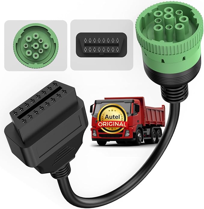 Autel Original Green Type 2 J1939 Male to 16pin Female OBD2 Adapter Cable, for Heavy Duty Trucks Scanner and Commercial Vehicles with 9pin Diagnostic Connector